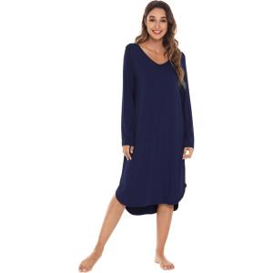 image:imageWiWi Bamboo Viscose Nightgowns for Women Soft Long Sleeve Sleep Shirt Nightshirts Cooling Pajamas Sleepwear S4XAnavy