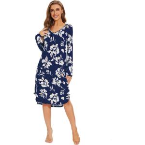 image:imageWiWi Bamboo Viscose Nightgowns for Women Soft Long Sleeve Sleep Shirt Nightshirts Cooling Pajamas Sleepwear S4XAnavy Floral