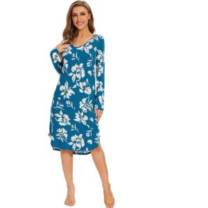 image:imageWiWi Bamboo Viscose Nightgowns for Women Soft Long Sleeve Sleep Shirt Nightshirts Cooling Pajamas Sleepwear S4XAteal Blue Floral