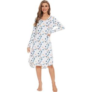 image:imageWiWi Bamboo Viscose Nightgowns for Women Soft Long Sleeve Sleep Shirt Nightshirts Cooling Pajamas Sleepwear S4XAwhiteGreen Dots