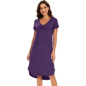 image:imageWiWi Bamboo Viscose Nightgowns for Women Soft Long Sleeve Sleep Shirt Nightshirts Cooling Pajamas Sleepwear S4XBdark Purple
