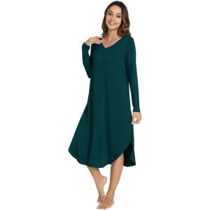 image:imageWiWi Bamboo Viscose Nightgowns for Women Soft Long Sleeve Sleep Shirt Nightshirts Cooling Pajamas Sleepwear S4XEpeacock Green