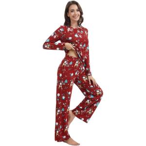 image:imageWiWi Bamboo Viscose Pajama Set for Women Super Soft Long Sleeve Top with Pants Loungewear Cooling 2 Piece Pjs Sets SXXLAchristmas Elk on Red