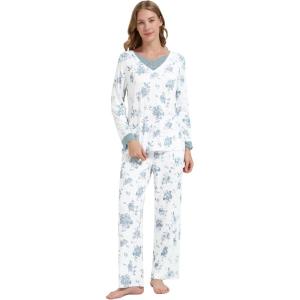 image:imageWiWi Bamboo Viscose Pajamas Sets for Women Lace Trim Long Sleeve Sleepwear Lounge Sets Plus Size Pjs with pockets S4XAaqua Flowers