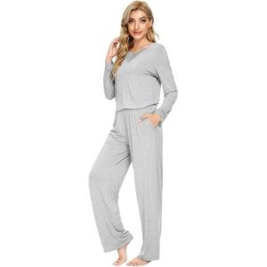 image:imageWiWi Bamboo Viscose Pajamas Sets for Women Lace Trim Long Sleeve Sleepwear Lounge Sets Plus Size Pjs with pockets S4XAash Grey