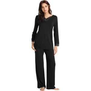 image:imageWiWi Bamboo Viscose Pajamas Sets for Women Lace Trim Long Sleeve Sleepwear Lounge Sets Plus Size Pjs with pockets S4XAblack