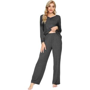 image:imageWiWi Bamboo Viscose Pajamas Sets for Women Lace Trim Long Sleeve Sleepwear Lounge Sets Plus Size Pjs with pockets S4XAcharcoal Heather
