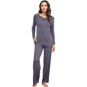 image:imageWiWi Bamboo Viscose Pajamas Sets for Women Lace Trim Long Sleeve Sleepwear Lounge Sets Plus Size Pjs with pockets S4XAdark Grey