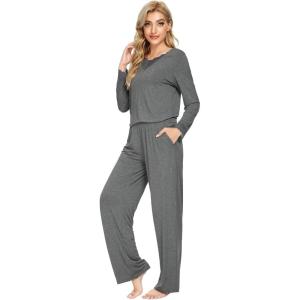 image:imageWiWi Bamboo Viscose Pajamas Sets for Women Lace Trim Long Sleeve Sleepwear Lounge Sets Plus Size Pjs with pockets S4XAdark Heather Grey
