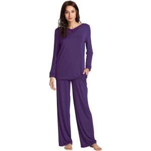 image:imageWiWi Bamboo Viscose Pajamas Sets for Women Lace Trim Long Sleeve Sleepwear Lounge Sets Plus Size Pjs with pockets S4XAdark Purple
