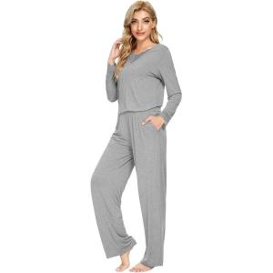 image:imageWiWi Bamboo Viscose Pajamas Sets for Women Lace Trim Long Sleeve Sleepwear Lounge Sets Plus Size Pjs with pockets S4XAheather Grey