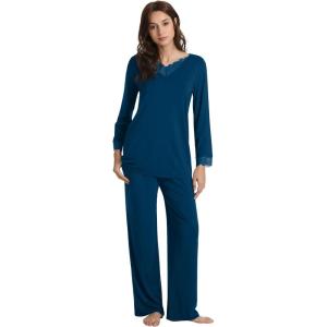 image:imageWiWi Bamboo Viscose Pajamas Sets for Women Lace Trim Long Sleeve Sleepwear Lounge Sets Plus Size Pjs with pockets S4XAink Blue