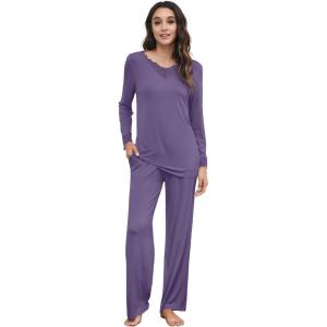 image:imageWiWi Bamboo Viscose Pajamas Sets for Women Lace Trim Long Sleeve Sleepwear Lounge Sets Plus Size Pjs with pockets S4XAlavender