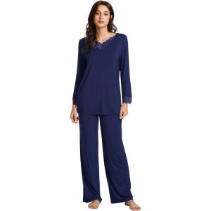 image:imageWiWi Bamboo Viscose Pajamas Sets for Women Lace Trim Long Sleeve Sleepwear Lounge Sets Plus Size Pjs with pockets S4XAnavy