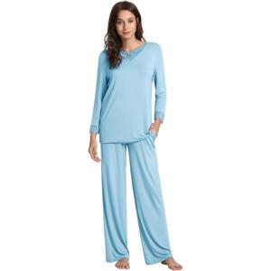 image:imageWiWi Bamboo Viscose Pajamas Sets for Women Lace Trim Long Sleeve Sleepwear Lounge Sets Plus Size Pjs with pockets S4XApale Blue