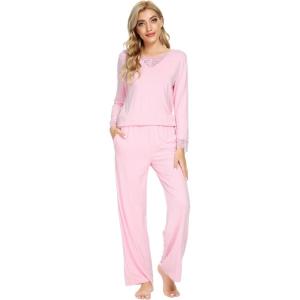 image:imageWiWi Bamboo Viscose Pajamas Sets for Women Lace Trim Long Sleeve Sleepwear Lounge Sets Plus Size Pjs with pockets S4XApink