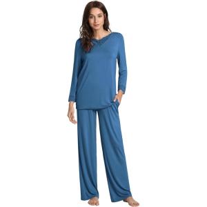 image:imageWiWi Bamboo Viscose Pajamas Sets for Women Lace Trim Long Sleeve Sleepwear Lounge Sets Plus Size Pjs with pockets S4XAprussian Blue