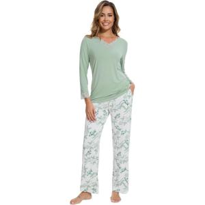 image:imageWiWi Bamboo Viscose Pajamas Sets for Women Lace Trim Long Sleeve Sleepwear Lounge Sets Plus Size Pjs with pockets S4XAsage Greengreen Leaf