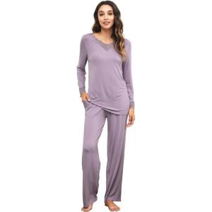 image:imageWiWi Bamboo Viscose Pajamas Sets for Women Lace Trim Long Sleeve Sleepwear Lounge Sets Plus Size Pjs with pockets S4XAviolet