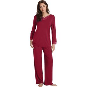 image:imageWiWi Bamboo Viscose Pajamas Sets for Women Lace Trim Long Sleeve Sleepwear Lounge Sets Plus Size Pjs with pockets S4XAwine