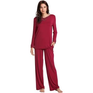 image:imageWiWi Bamboo Viscose Pajamas Sets for Women Lace Trim Long Sleeve Sleepwear Lounge Sets Plus Size Pjs with pockets S4XAwine Red