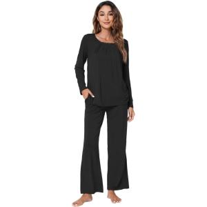 image:imageWiWi Bamboo Viscose Pajamas Sets for Women Lace Trim Long Sleeve Sleepwear Lounge Sets Plus Size Pjs with pockets S4XBblack