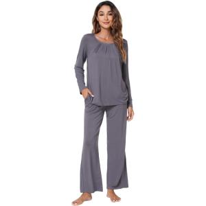 image:imageWiWi Bamboo Viscose Pajamas Sets for Women Lace Trim Long Sleeve Sleepwear Lounge Sets Plus Size Pjs with pockets S4XBdark Grey