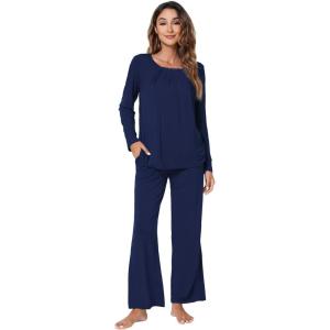 image:imageWiWi Bamboo Viscose Pajamas Sets for Women Lace Trim Long Sleeve Sleepwear Lounge Sets Plus Size Pjs with pockets S4XBnavy