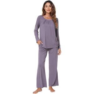image:imageWiWi Bamboo Viscose Pajamas Sets for Women Lace Trim Long Sleeve Sleepwear Lounge Sets Plus Size Pjs with pockets S4XBviolet