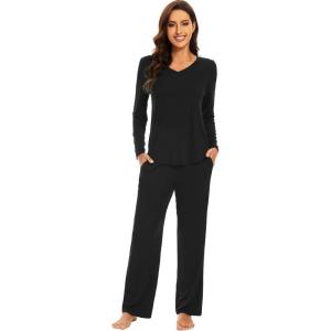 image:imageWiWi Pajamas for Women Long Sleeve Cooling Sleepwear Pants Set Super Soft Pj Viscose from Bamboo Loungewear Sets SXXLAblack