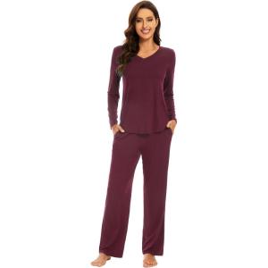 image:imageWiWi Pajamas for Women Long Sleeve Cooling Sleepwear Pants Set Super Soft Pj Viscose from Bamboo Loungewear Sets SXXLAbrownish Red