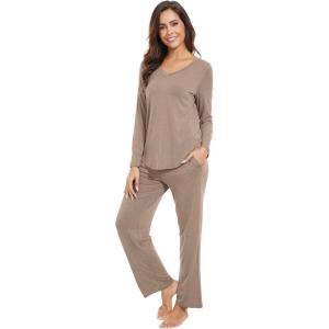 image:imageWiWi Pajamas for Women Long Sleeve Cooling Sleepwear Pants Set Super Soft Pj Viscose from Bamboo Loungewear Sets SXXLAcamel