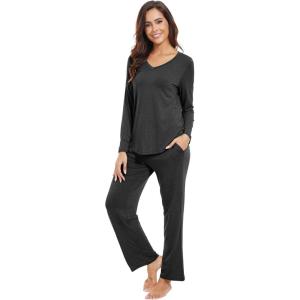 image:imageWiWi Pajamas for Women Long Sleeve Cooling Sleepwear Pants Set Super Soft Pj Viscose from Bamboo Loungewear Sets SXXLAcharcoal Heather