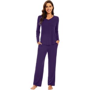 image:imageWiWi Pajamas for Women Long Sleeve Cooling Sleepwear Pants Set Super Soft Pj Viscose from Bamboo Loungewear Sets SXXLAdark Purple