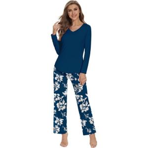 image:imageWiWi Pajamas for Women Long Sleeve Cooling Sleepwear Pants Set Super Soft Pj Viscose from Bamboo Loungewear Sets SXXLAink Blue Floral