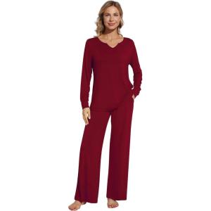 image:imageWiWi Pajamas for Women Long Sleeve Cooling Sleepwear Pants Set Super Soft Pj Viscose from Bamboo Loungewear Sets SXXLBwine Red