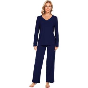 image:imageWiWi Pajamas for Women Long Sleeve Cooling Sleepwear Pants Set Super Soft Pj Viscose from Bamboo Loungewear Sets SXXLCnavy