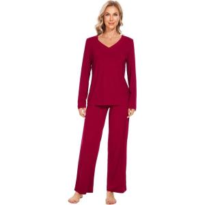 image:imageWiWi Pajamas for Women Long Sleeve Cooling Sleepwear Pants Set Super Soft Pj Viscose from Bamboo Loungewear Sets SXXLCwine Red
