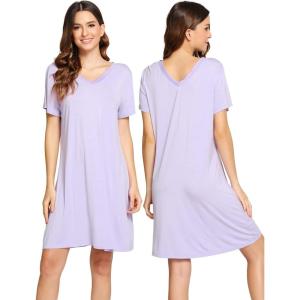 image:imageWiWi Viscose Bamboo Nightgowns for Women Short Sleeve Sleepwear Super Soft Sleep Shirt Cooling Plus Size Loungewear S4XAtaro Purple