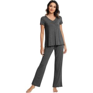 image:imageWiWi Viscose from Bamboo Pajama Sets for Women Super Soft Pjs Short Sleeve with Pants Cooling Sleepwear Loungewear SXXLAcharcoal Heather