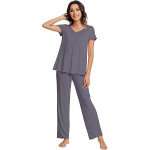 image:imageWiWi Viscose from Bamboo Pajama Sets for Women Super Soft Pjs Short Sleeve with Pants Cooling Sleepwear Loungewear SXXLAdark Grey