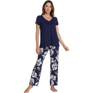 image:imageWiWi Viscose from Bamboo Pajama Sets for Women Super Soft Pjs Short Sleeve with Pants Cooling Sleepwear Loungewear SXXLAnavy Floral