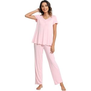 image:imageWiWi Viscose from Bamboo Pajama Sets for Women Super Soft Pjs Short Sleeve with Pants Cooling Sleepwear Loungewear SXXLApink