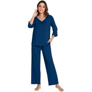 image:imageWiWi Viscose from Bamboo Pajama Sets for Women Super Soft Pjs Short Sleeve with Pants Cooling Sleepwear Loungewear SXXLDink Blue