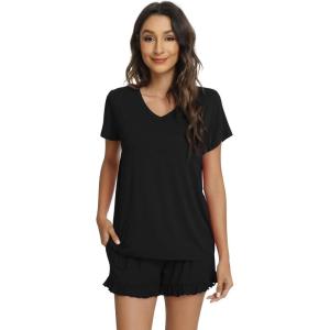 image:imageWiWi Womens Pajamas Set Bamboo Viscose Super Soft Short Sleeve Top Ruffle Shorts Sleepwear Cooling Pj Sets SXXLAblack