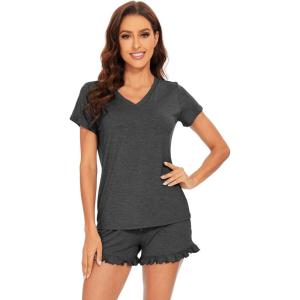 image:imageWiWi Womens Pajamas Set Bamboo Viscose Super Soft Short Sleeve Top Ruffle Shorts Sleepwear Cooling Pj Sets SXXLAcharcoal Heather