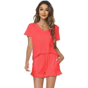 image:imageWiWi Womens Pajamas Set Bamboo Viscose Super Soft Short Sleeve Top Ruffle Shorts Sleepwear Cooling Pj Sets SXXLAcoral