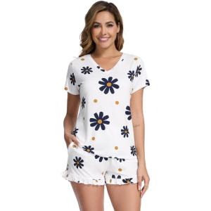 image:imageWiWi Womens Pajamas Set Bamboo Viscose Super Soft Short Sleeve Top Ruffle Shorts Sleepwear Cooling Pj Sets SXXLAdaisy