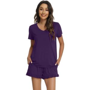 image:imageWiWi Womens Pajamas Set Bamboo Viscose Super Soft Short Sleeve Top Ruffle Shorts Sleepwear Cooling Pj Sets SXXLAdark Purple