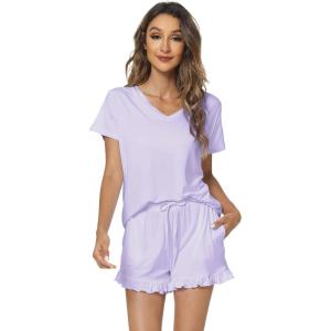 image:imageWiWi Womens Pajamas Set Bamboo Viscose Super Soft Short Sleeve Top Ruffle Shorts Sleepwear Cooling Pj Sets SXXLApastel Purple